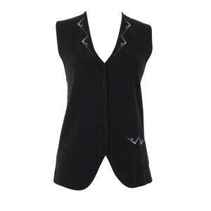 Christine Alexander Vest Sz M Black Silver Rhinestones Buttons Cotton Vest